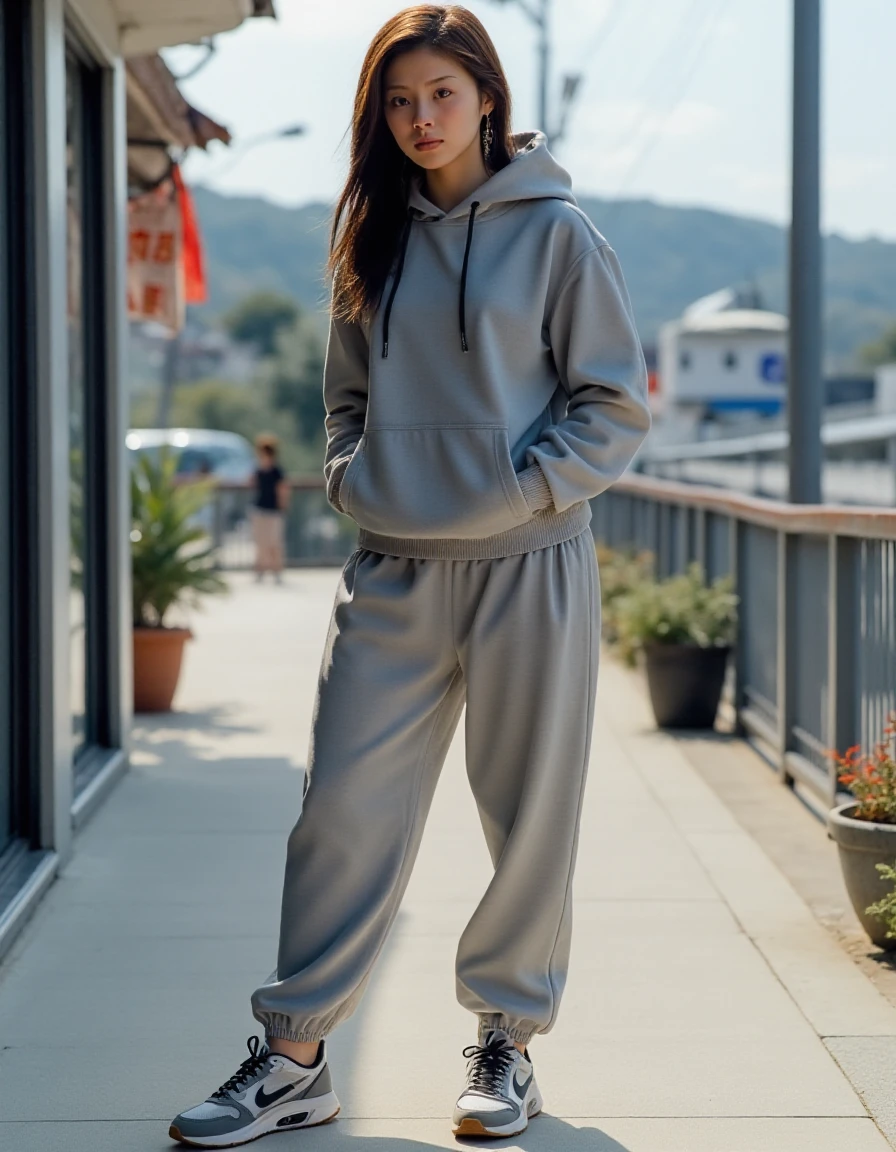 full body photo of Aya Matsuura wearing jogging suit and sneakers <lora:Aya Matsuura_epoch_10:1>