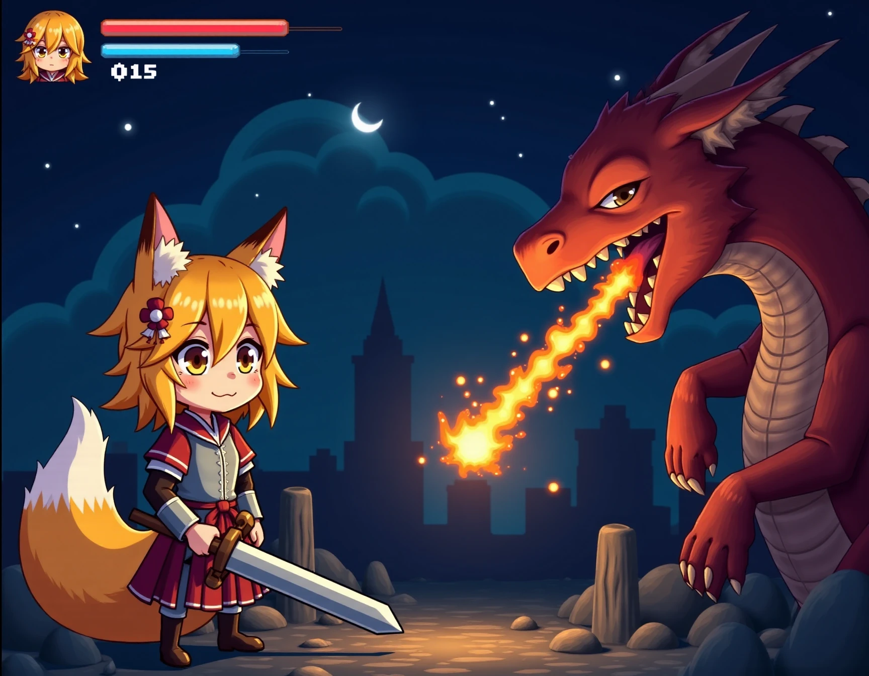 It is a pixel art computer game, view from side. There is a health bar at top of the screen.
At the left side of image there is anime style, featuring a young girl with fox-like characteristics. The character has short, tousled, golden-yellow hair with fox ears on top of their head, adorned with white fur inside. She have large, expressive brown eyes with a playful smile. Her cheeks are slightly flushed, adding a sense of warmth and friendliness to their expression. A small, red flower with white petals is attached to her hair on the right side, adding a touch of color and detail. She wears medieval armor and holding a large sword in her hands.
At the right side there is a large dragon who breathes fire to the girl. It is dark scene of night medieval city.
The girl is standing in battle post and looking at the dragon.
<lora:senko_flux_v1:1>