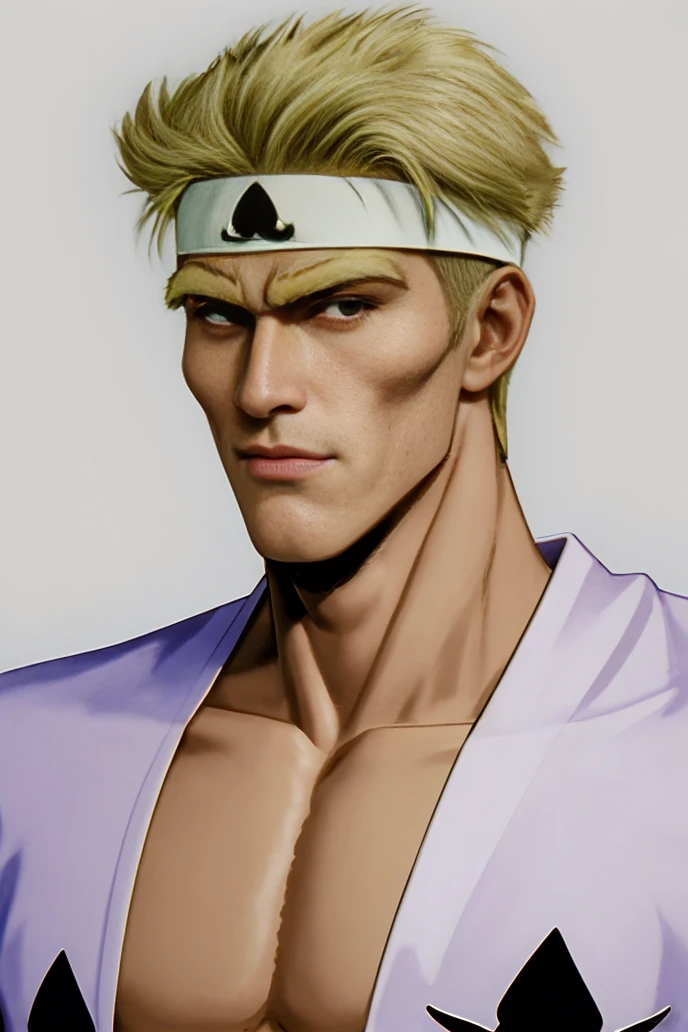 absurdres, portrait, (upper body:1.1), muscular male, simple background, facing viewer, headband, <lora:KuroMomotaroYYH:0.85>, kuromomotaro, open clothes