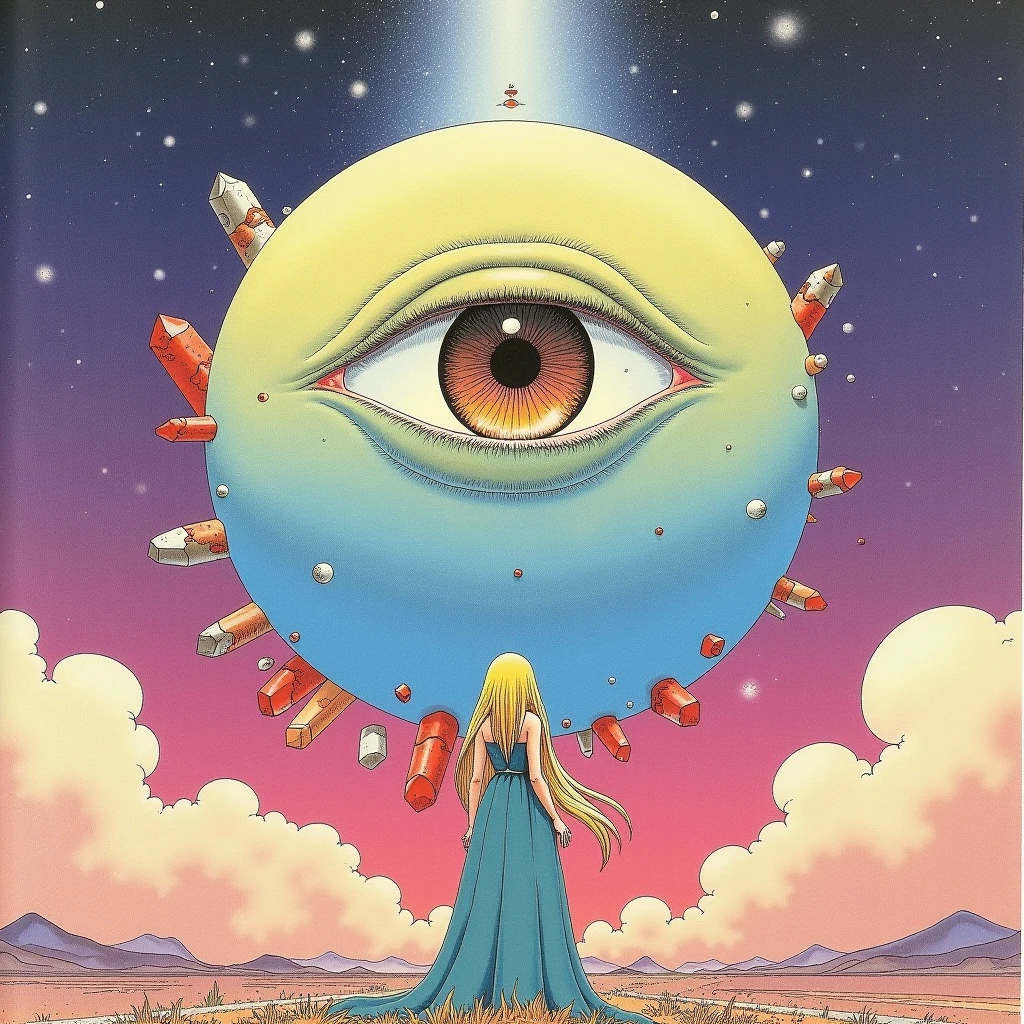 In style of Moebius. Female cyborg with blonde hair walking desert. Huge cabbalistic eye floating up in the skies. Red crystals around her body. 