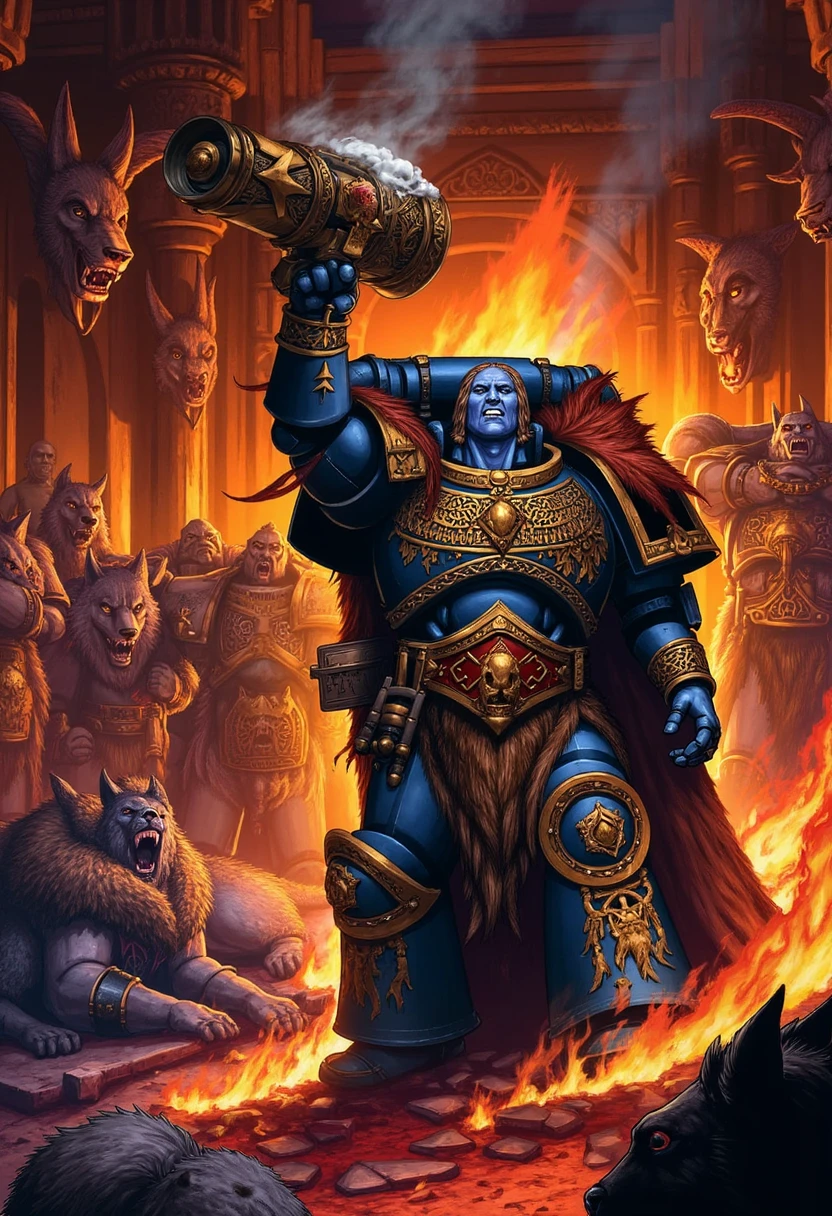 Inside a grand mead hall on Fenris, a Space Wolves Space Marine is captured in a vibrant comic book style, celebrating a rare moment of camaraderie and warmth. The Marine, his armor adorned with intricate knotwork patterns and wolf pelts, raises a massive drinking horn to his lips, his face lit by the flickering firelight from a roaring hearth. The bold, clean lines of the comic style bring out the rich textures of the wooden walls, covered in trophies from hunts and battles, and the warmth of the fire, which casts deep, dramatic shadows across the scene. The warm, earthy color palette of reds, browns, and golds contrasts with the cold, harsh world outside, highlighting the deep bond of brotherhood within the Space Wolves. The other warriors in the background are depicted with exaggerated, jovial expressions, their laughter and howls echoing through the hall, while a pack of Fenrisian wolves lounges by the fire, their eyes glowing with the same feral intensity as their human counterparts. The composition emphasizes the strength of community and the wild, untamed spirit of the Space Wolves, captured in the vibrant, energetic lines of the comic book style