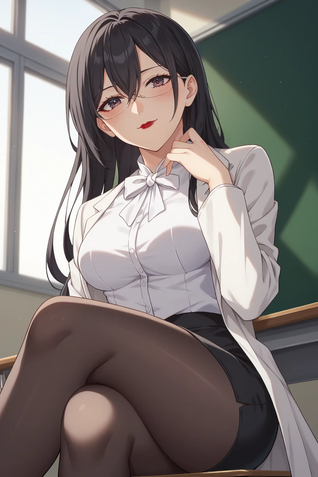 score_9, score_8_up, score_7_up, source_anime, 1girl, prefect lighting, very aesthetic, intricate details, highly detailed background, masterpiece, high quality, prefect hands, best quality, solo,
<lora:Mayuri_Hanyu_2.5_Dimensional_Seduction_V1:.85>, KJOmayuri, black hair, dark eyes, long hair, hair between eyes, glasses, red lips, 
white lab coat, long sleeves, white shirt, white bowtie, black pencil skirt, black pantyhose, 
hand on chin, seductive smile, head tilt, blush, closed mouth, sitting, on desk, crossed legs, from from below, 
classroom, desk,
(Beautiful, medium Breasts:1.2), natural breasts,