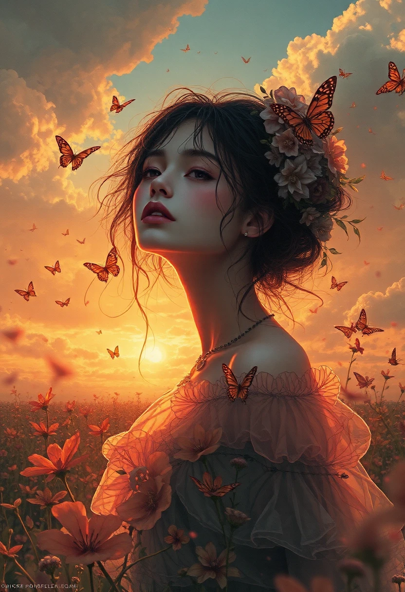 ((absurdres posterart)) realistic graceful 20-year-old 1girl,A dress of flowers and butterflys, Perfect clouds in the sunset, motif buttereflies flying firefly, sounds of morning melody, Motif sunset shades, motif sunset tones, Rossdraws, Atey Ghailan, Benedick Bana, and carne griffiths, Fields of flowers,
detailed face focus, rays tracing, piercing light, , long face :1