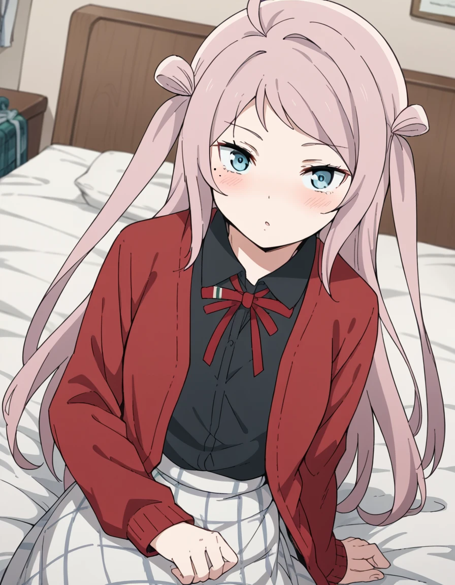 score_9, score_8_up, score_7_up, source_anime, <lora:lanzhu-zhong-s2-ponyxl-lora-nochekaiser:1>, lanzhu zhong, long hair, bangs, blue eyes, pink hair, ahoge, sidelocks, mole, two side up, mole under eye,, skirt, shirt, ribbon, school uniform, collared shirt, plaid, black shirt, neck ribbon, plaid skirt, white skirt, cardigan, red jacket, checkered skirt, nijigasaki academy school uniform,, indoors, bed, bed room, on side, blush, drunk, looking at viewer, solo,, cowboy shot, dutch angle