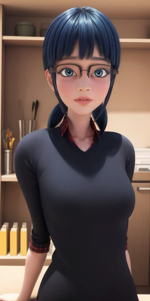 Hyperrealistic, photorealistic, super detailed, blue eyes, black square-shaped glasses, shoulder-length black hair with blue reflections tied back in ponytails, light pink lips, body like in real life, large pores, light skin-tone, slender, beautiful arms, little breasts, unreal engine, octane render, droped shadow, bokeh, cinematic lighting, <lora:add_detail:0.5>, <lora:Volumetric_lighting:0.6>, Socqueline Wang, <lora:2e3d8eda-f9e4-4a3e-a875-3900cd8f995c:0.7>