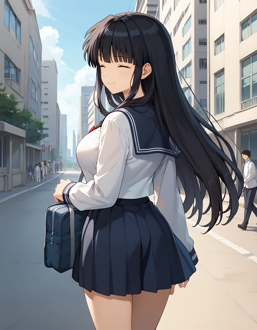 score_9, score_8_up, score_7_up, source_anime,kikyou,1girl,black hair, long hair, large breasts,  <lora:kikyou pony:1>,long sleeves, 
BREAK
school uniform, serafuku, walking,city,street,from behind, looking back, smile, closed eyes,  beckoning, school bag, pleated skirt,