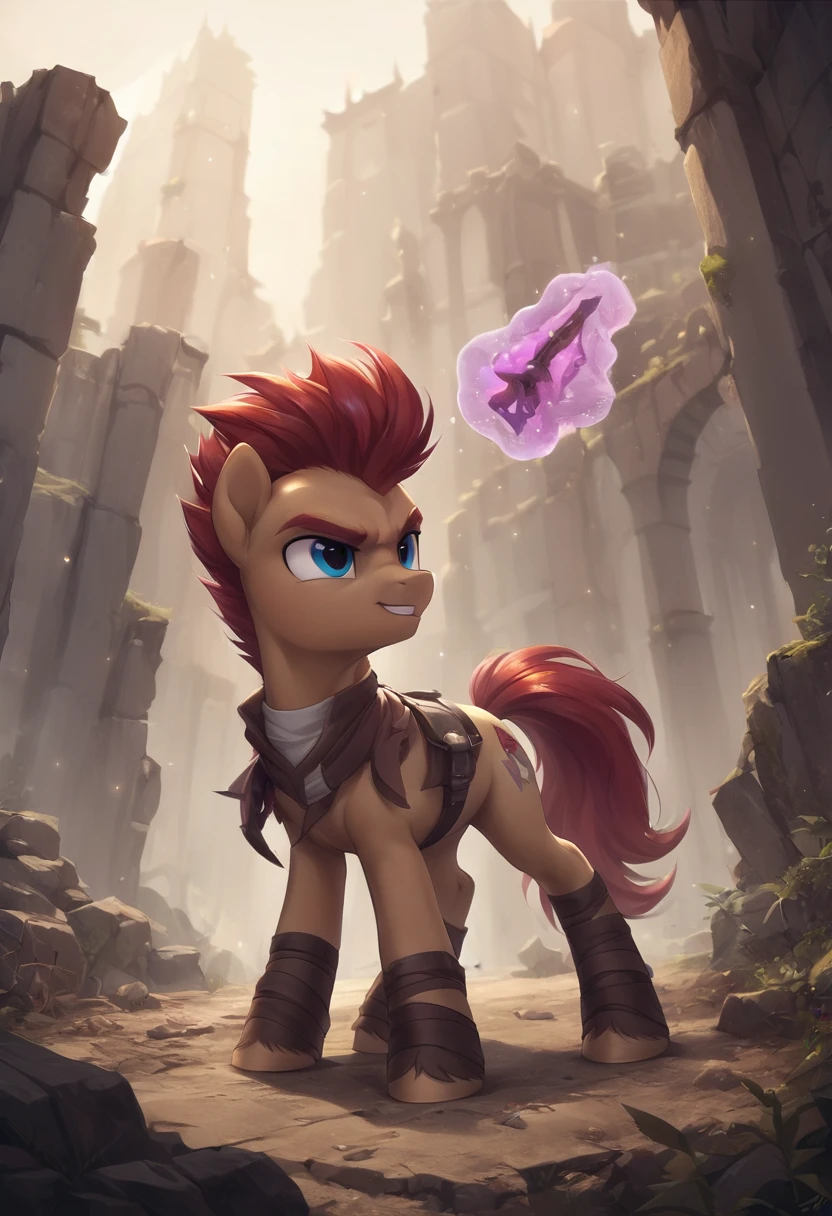pony stern serious looking at the screen sitting in a chair hoof thrown over the hoof evil smile stallion in full height