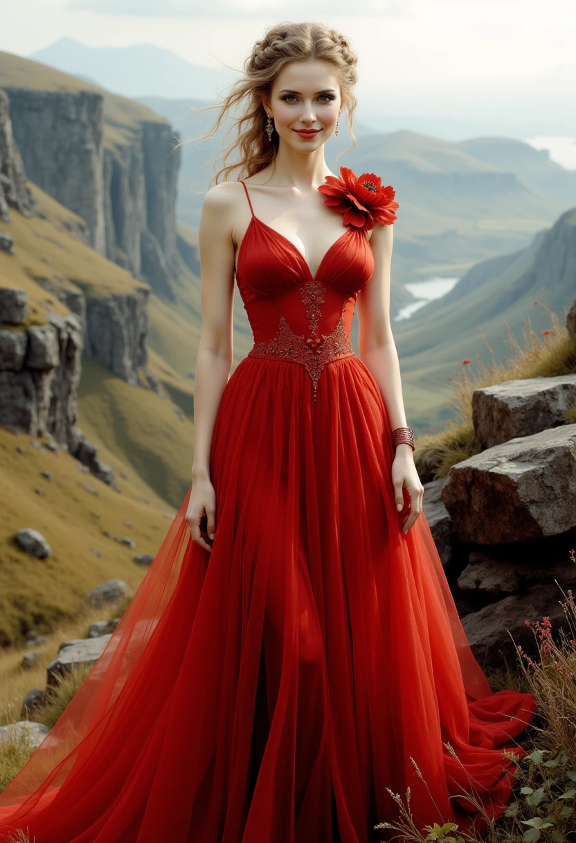 hud_gds_styl, an upper body photograph of a woman smiling, a long red gown with flower decoration on the left shoulder, facing viewer, in a fantasy landscape in ireland