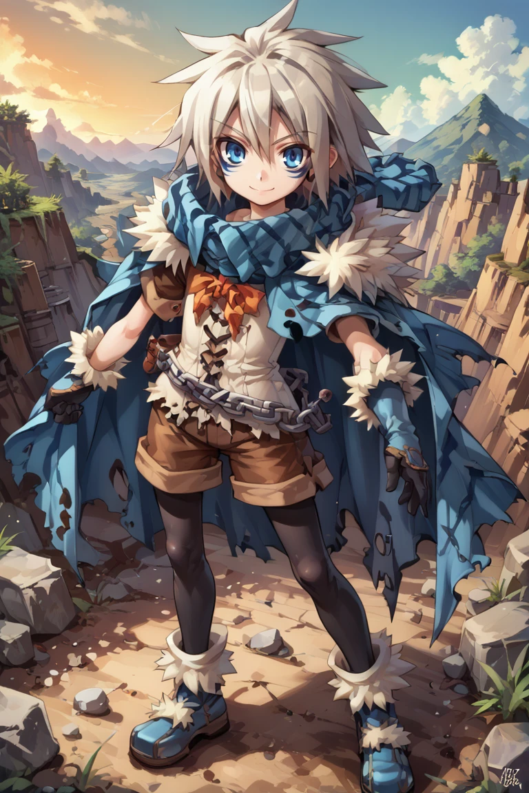 (score_9, score_8_up, score_7_up, score_6_up), source anime, BREAK, solo, <lora:Milanor:0.75> , (holding weapon), miladef, 1boy, grey hair, spiked hair, blue eyes, blue facial mark, fur trim, blue cloak, white corset, gloves, chain belt, brown shorts, leggings under shorts, black leggings, blue footwear,  exterior, outdoors, day, canyon, mountains, cliffs, valleys, wasteland, standing, smile, closed mouth, <lora:zy_Detailed_Backgrounds_v1:0.5> , detailed background, highly detailed,   <lora:backgroundsetXL:0.4> , background, looking at viewer,  <lora:b3yum1XLP:0.7> , b3yum1,