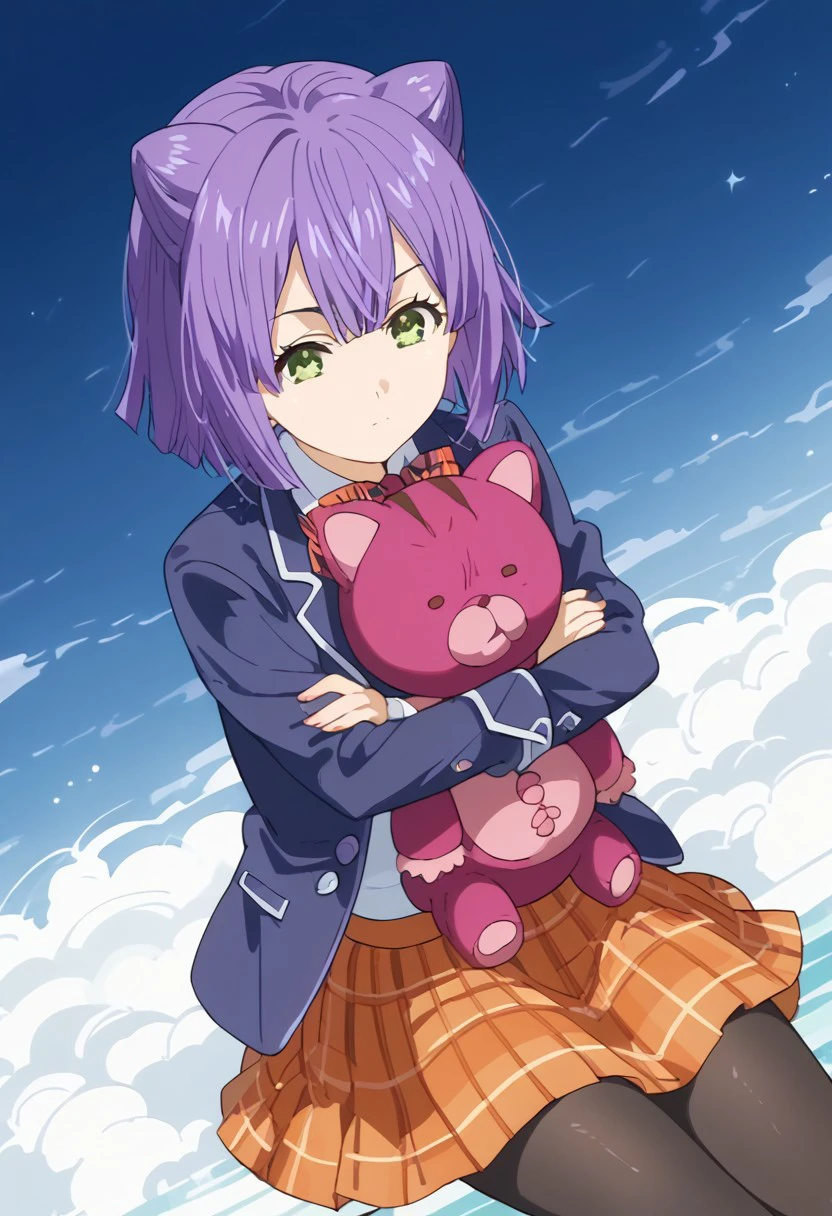 score_9, score_8_up, score_7_up, source_anime, rating_safe, MomoSNS, green Momo eyes, purple Momo hair, 1girl, female focus, anime screencap, blue Momo blazer, blue-red Momo bowtie, orange-black Momo plaid skirt, black pantyhose, purple Momo teddy bear