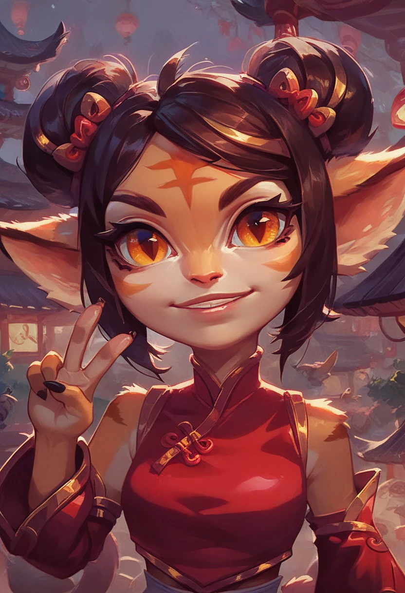 score_9, score_8_up, score_7_up, ultra quality, 1girl, fctristana, yordle, shortstack, tiger girl, brown hair, hair buns, sidelocks, orange eyes, upper body, chinese clothes, detached sleeves, v sign, looking at viewer, head tilt, festival, chinese architecture