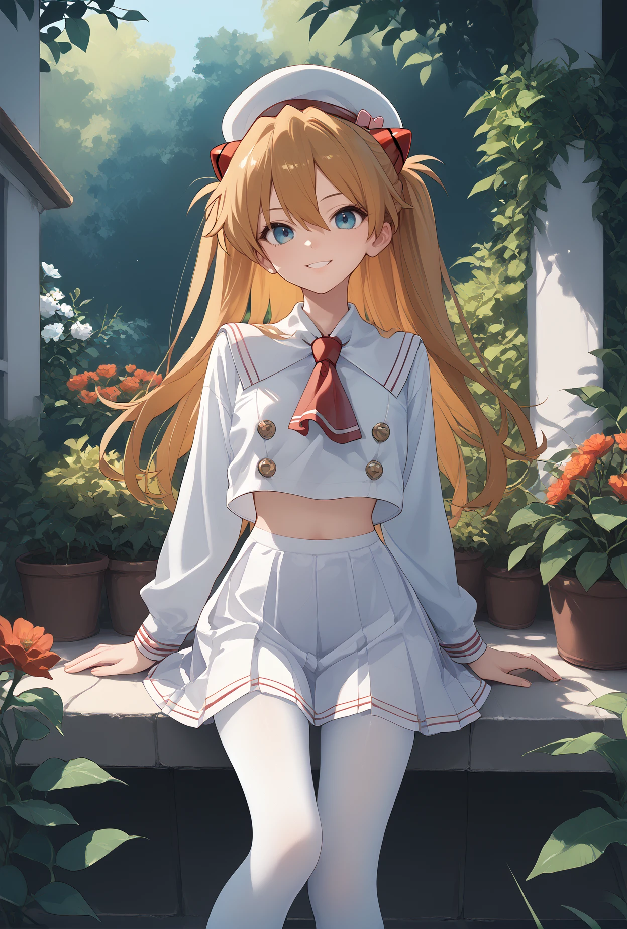 score_9, score_8_up, score_7_up, score_6_up, score_5_up, score_4_up,anime source,
1girl, souryuu asuka langley, blonde hair, blue eyes,smile,
garden,
  school uniform, white serafuku, double-breasted,white pantyhose,hat<lora:Eva08XLPony:1>,<lora:JanusUniformXLPony:1>