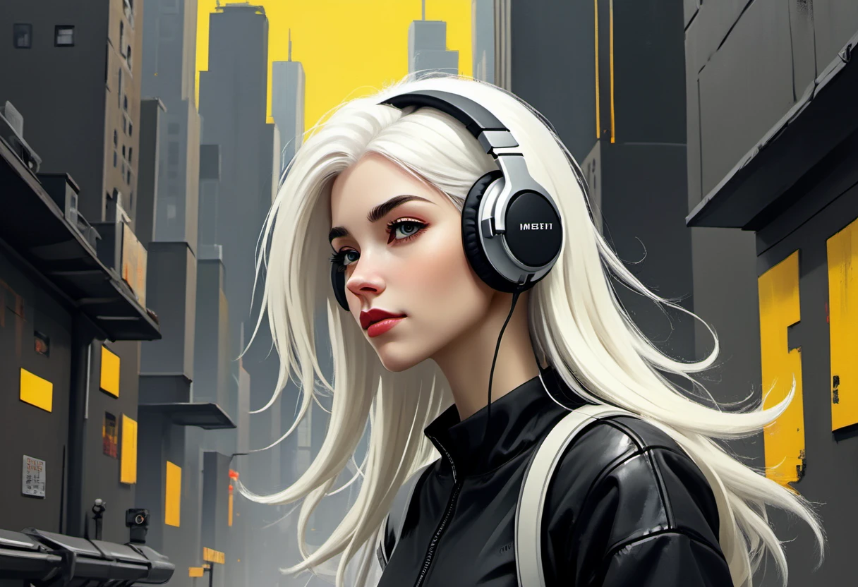 A beautifully rendered painting of a young woman in a sleek, futuristic setting. Her white hair and steel headphones contrast with the vibrant urban environment, her abstract facial features creating a striking visual contrast., highly detailed, Sturdy, specular lighting, electric yellow