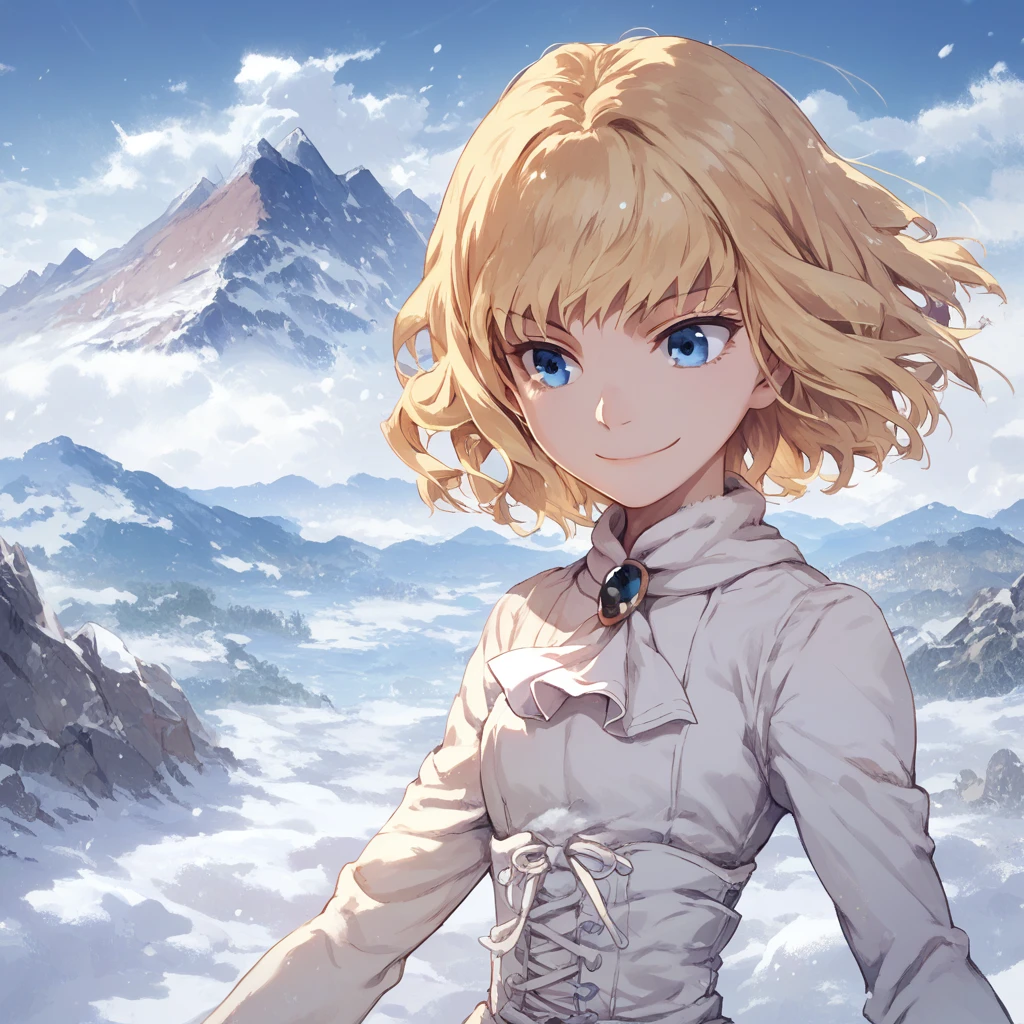 score_9, score_8_up, score_7_up, leivinia-birdway, toaru, 1girl, 1girl, anime coloring, solo, blonde hair, smile, short hair, sky, brooch, ascot, long sleeves, upper body, blue eyes, mountain, outdoors, jewelry, cloud, snow, white ascot