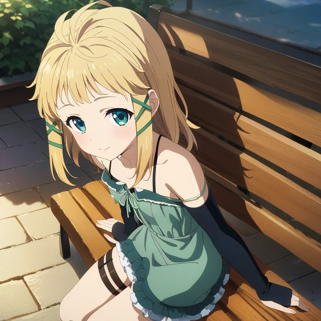 1girl solo, tina_sprout, blonde hair, green eyes, messy hair, criss cross hair ornament, flat chested, green dress, off shoulder, thigh strap, smile, closed lips, elbow gloves, anime coloring, sitting on bench <lora:XL-TinaSprout:1>, (masterpiece),(best quality),(ultra-detailed),(best illustration),(best shadow),(absurdres),(detailed background),(very aesthetic),