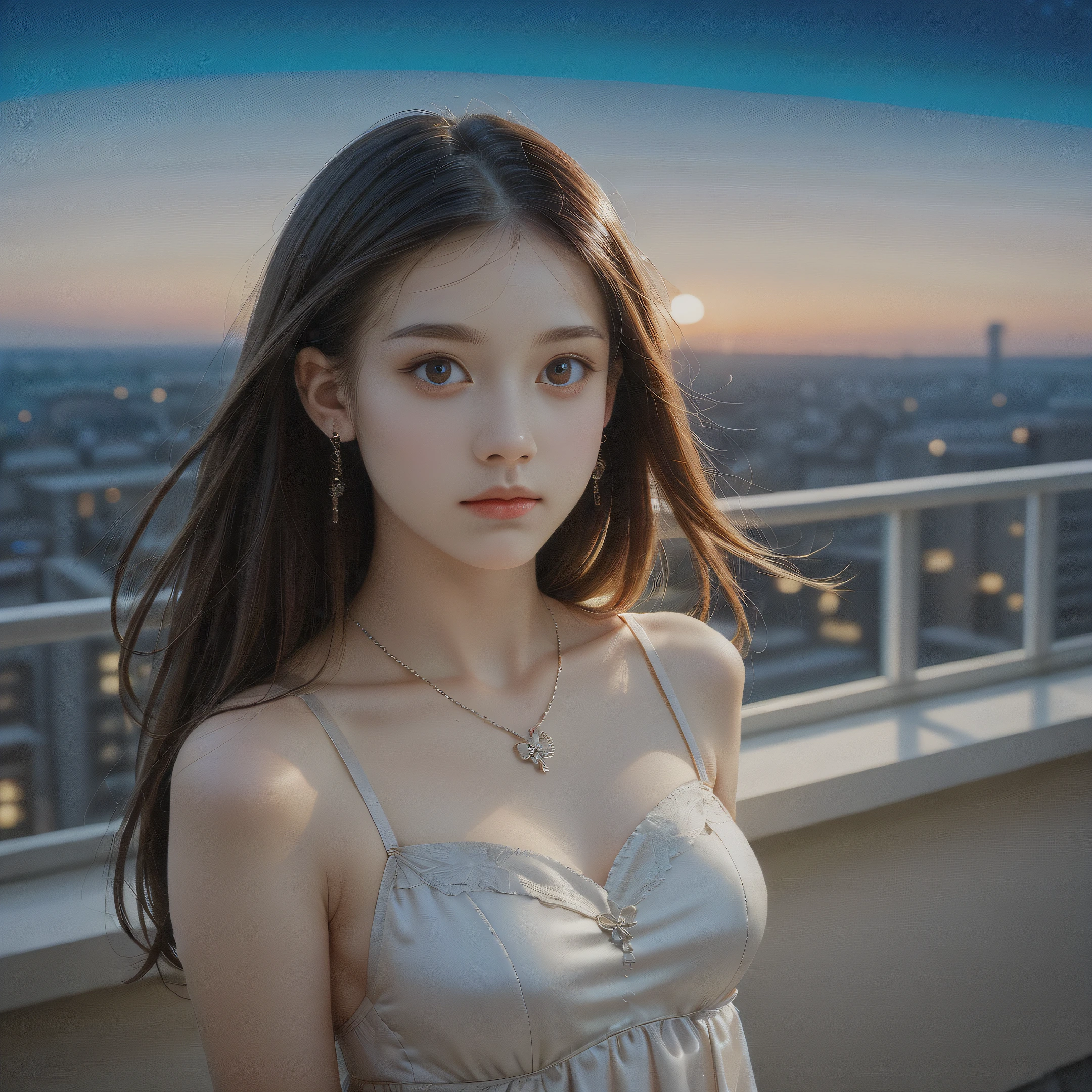 score_9,score_8_up,score_7_up,Night,late_at_night,darkness,Night, dim lights,
(film_grain,cinematic,cinematic_light,((rough_skin,realistic skin)),(freckles:0.6),volumetric_lighting,vivid_colours,rembrandt_lighting,, windows, Film grain, cinematic film still, shallow depth of field, highly detailed, high budget, cinemascope, moody, epic, OverallDetail, gorgeous, 2000s vintage RAW photo, photorealistic, candid camera, color graded cinematic, eye catchlights, atmospheric lighting, skin pores, imperfections, natural, shallow dof:1.2)
dynamic_angle,(upper_body,face_focus),looking_at_viewer,
1girl,supermodel,perfect_face,oval_face,beautiful,temperament,feminine_charmsexy,beautiful_eyes,bishoujo,
standing_arm_support,touching_hair,(flying_hair:1.2),
medium_breasts,long_bloude_wave_hair,
indoors,dress,Necklace,earrings
balcony,Guardrail, flowers,Evening, sunset,night view, distant view, city scenery, neon lights in the distance,