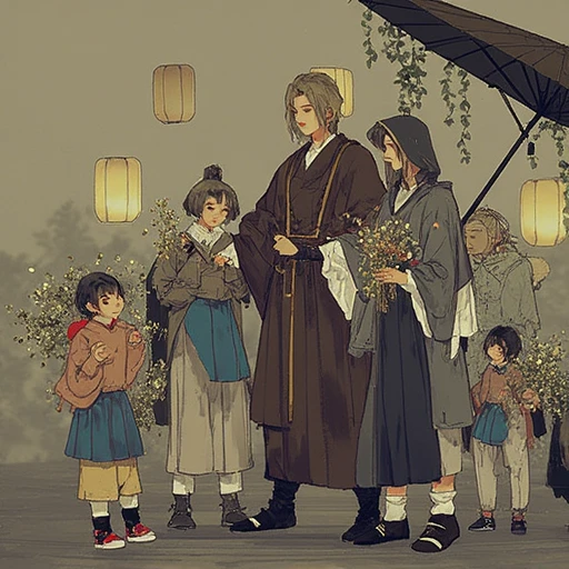 A couple,Boys hold umbrellas for girls,Girl wears green dress,ancient wind,The boy wears black,knight-errant