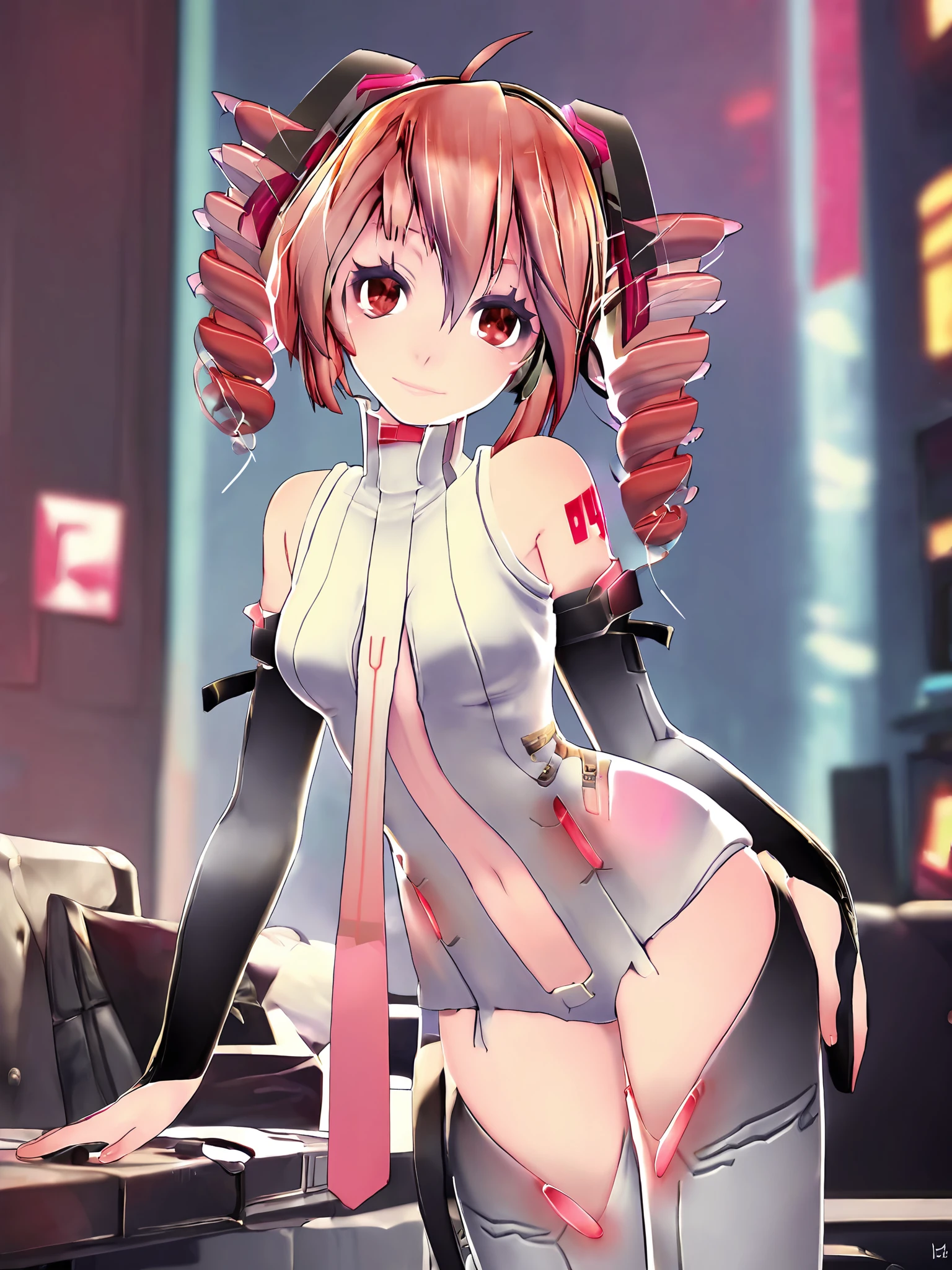 score_9, score_8_up, score_7_up,
masterpiece, best quality,highres, absurdres, very authentic,
1girl, solo,<lora:TDAteto_1:1>, TDAteto, kasane teto, red eyes, drill hair, twin drills, red hair, ahoge, vocaloid append, headphones,necktie, Tech Belt,toeless legwear,
smile,looking at viewer,indoor,room,((upperbody)),close shot,
cyberpunk city background,