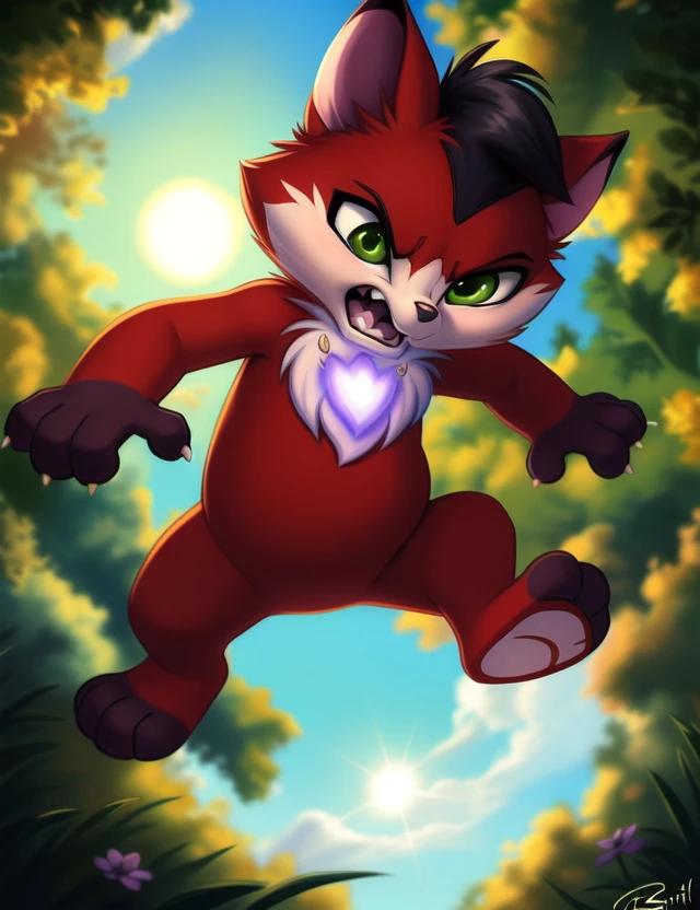 <lora:AmaruEvilLoliRockYif:1> AmaruEvilLoliRock, green eyes, black tail, red fur,  black hands, (red belly, claws,) chibi,   angry, (worm's-eye view, looking down,)
[ the sun is shining, (glade,) forest, grass, stars, lake, day, , clouds, flowers, blanket, blue pillows, candles,] 
(beautiful, aesthetic, perfect, delicate, intricate, saturated colors), masterpiece, digital drawing, best quality,
[by personalami], by smitty g, [[[by Foxovh]]], [[by Ross Tran]]