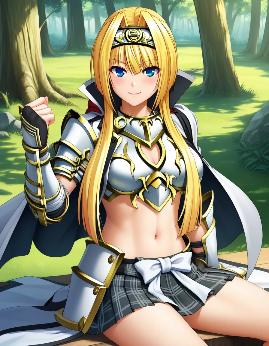 score_9, score_8_up, score_7_up, BREAK source_anime, best quality, masterpiece,very aesthetic, zPDXL2,official art,detailed_eyes,1girl, solo,
ashikaga_yoshiteru_(sengoku_otome), blonde hair, blue eyes, long hair, breasts, single braid, 
armor, midriff, black pleated skirt, skirt in plaid skirt,navel, hairband, cape, white bow,gauntlets, 
<lora:ashikaga_yoshiteru_(sengoku_otome)_pony_v1:1>
sitting, ( dynamic pose ),
closed mouth,blush,smile,  
looking at viewer,(cowboy shot,:1.3),
( outdoors, forest)