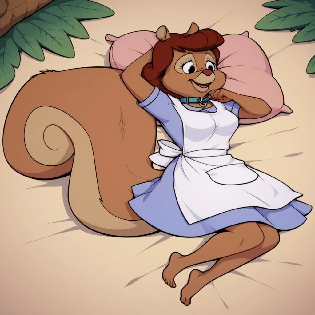 score_9, score_8_up, score_7_up, BREAK, furry female, full body, breasts, barefoot, brown fur, simple background, Mrs. Squirrel, short sleeves, tree, dress with collar, hands around pillow, black eyes, hairy, white apron, no humans, medium breasts, tail, nipples, squirrel tail, squirrel lady, lying on bed, hugging pillow,