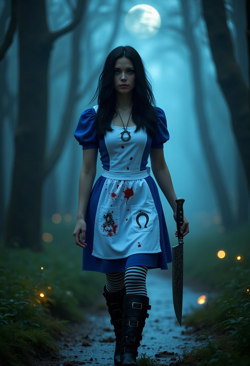 A realistic photo of madalice, she has black hair and blue eyes. She's wearing a blue dress with a white apron. The apron has magical symbols on the pocket, there are bloodstains on the apron. she wears a necklace with of an upside down horseshoe stripped stockings and knee high boots. in her hand is an ornate butcher knife. she is walking through a mystical forest, misty bog, fireflies flying around lighting up. it's night and moonbeams stream through the trees.
