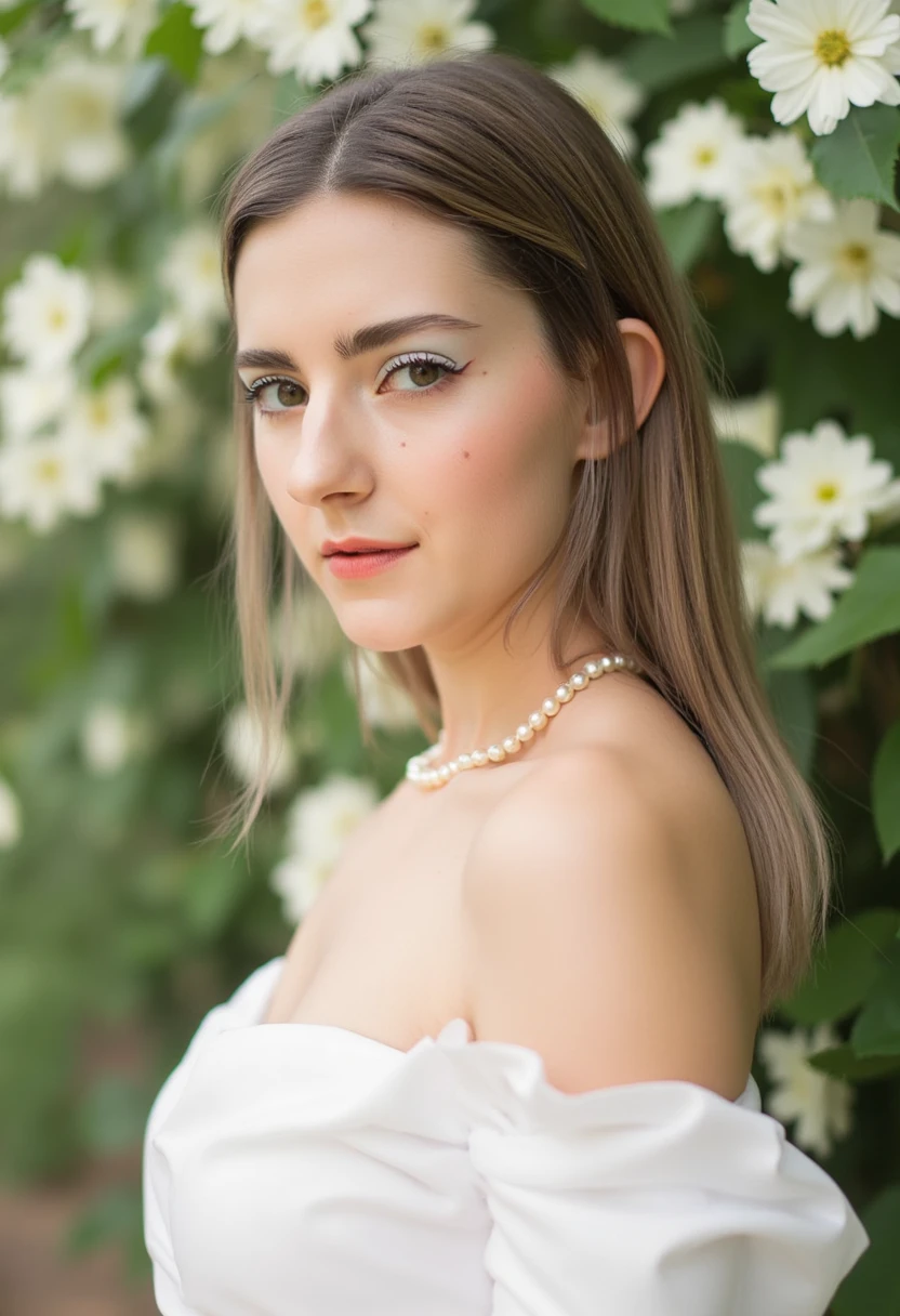 p3r5on outdoors, in a garden setting with white flowers, wearing a white dress with pearls, with a side profile view, capturing her face and upper body, with a close-up composition, and a slight tilt of the head.