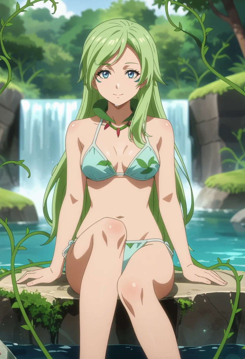 score_7_up, anime screencap,
<lora:TenSura_TreyniXL:0.9>, TreyniTS,
1girl, solo, closed mouth, light smile,
long hair, green hair, blue eyes, facial mark, vines,
white bikini, leaf print,
sitting, looking at viewer,
blurry background, outdoors, waterfall, stone, water