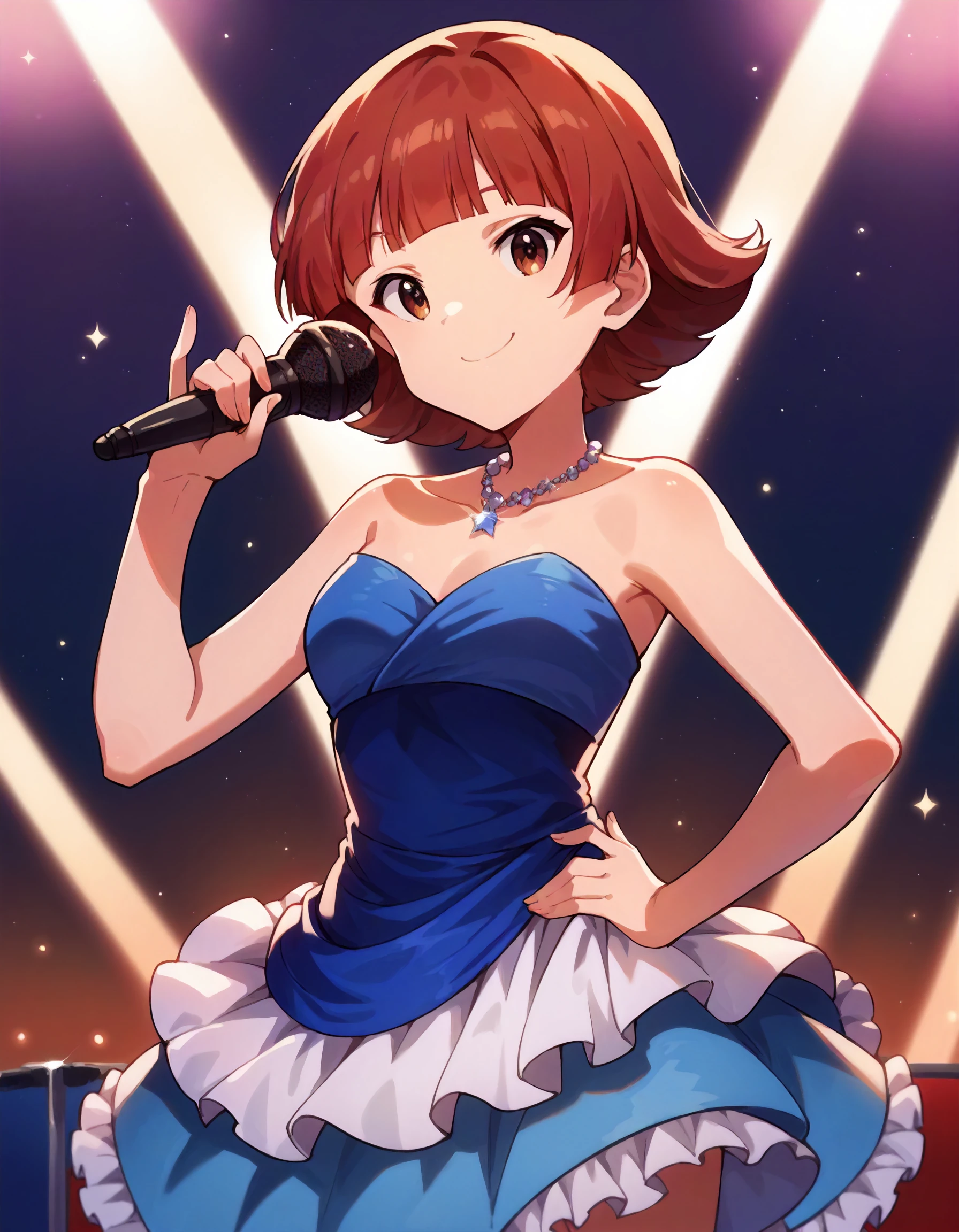 score_9,score_8_up,score_7_up,1girl,solo,cowboy shot,looking at viewer,smile,:3,closed mouth,holding microphone,hand on hip,stage lights,
<lora:nonoharaakane_ponyXLV6:0.8>,mlna,red hair,short hair,blunt bangs,brown eyes,
necklace,blue strapless dress,frilled skirt