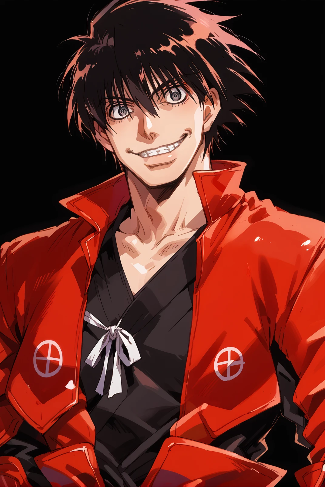 1boy, solo, shimazu_toyohisa_\(drifters)\,black hair, black shirt, red japanese armor, red japanese clothes, kusazuri, cowboy shot, black background, looking at viewer, grin, dynamic pose, thick lineart <lora:shimazu_toyohisa-000019:0.85>  <lora:hellsing_ultimate_style:0.7> hellsing_ultimate_style, score_9, score_8_up, score_7_up, score_6_up