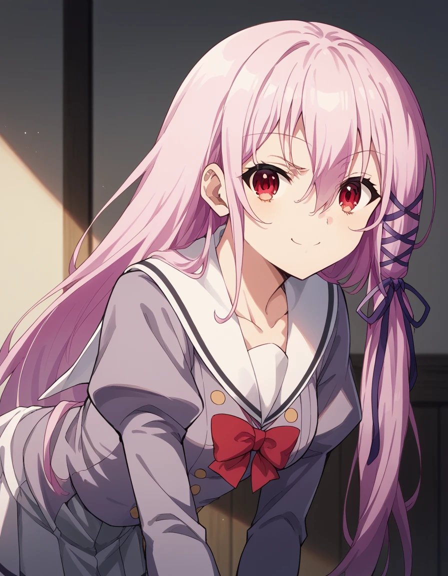 score_9, score_8_up, score_7_up, source_anime, <lora:engage-kisara-s1-ponyxl-lora-nochekaiser:1>, kisara, long hair, pink hair, red eyes, hair between eyes, hair ornament, ribbon, hair ribbon,, long sleeves, ribbon, school uniform, puffy sleeves, sailor collar, red bow, juliet sleeves, white sailor collar,, indoors, bent over, smile, smug, looking at viewer, solo,, cowboy shot, dutch angle