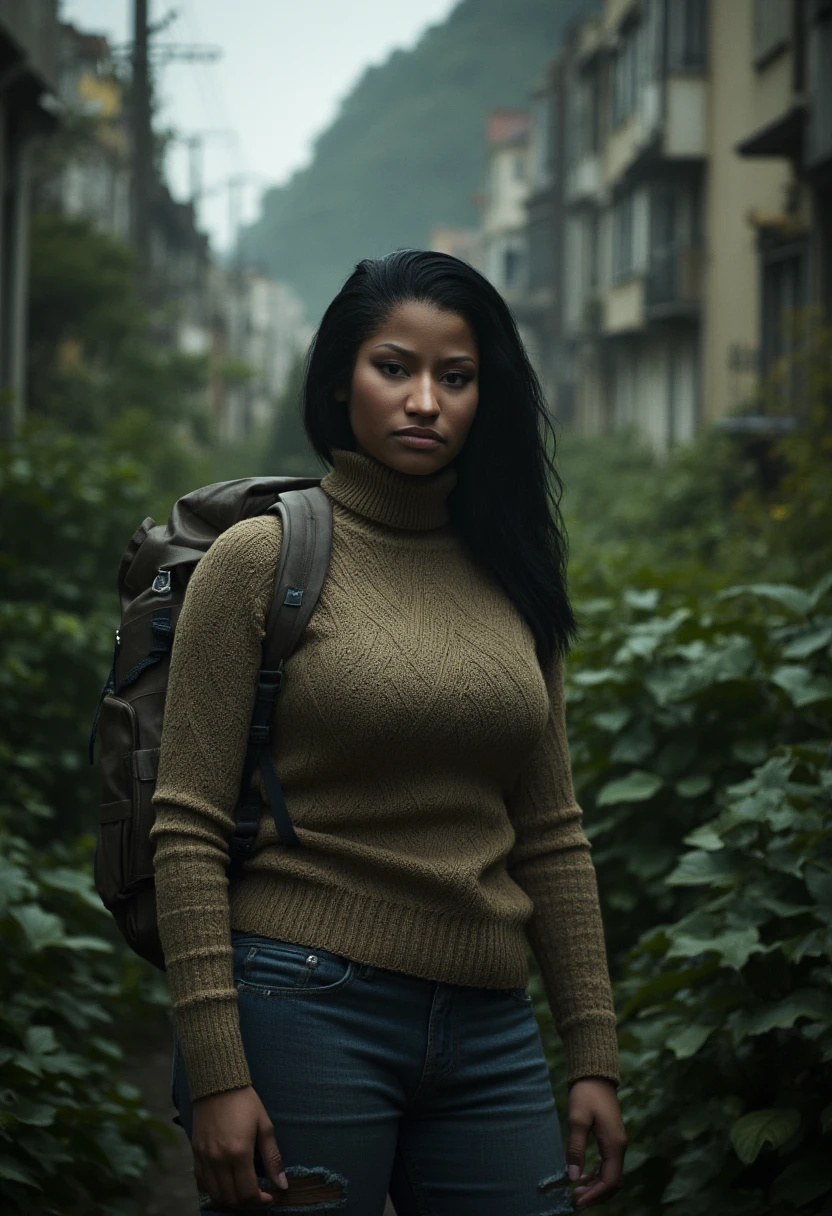 A professional medium-shot portrait of (Nicki Minaj) as Ellie from The Last of Us. She is dressed in a rugged outfit: a faded high-neck turtleneck sweater, jeans, and a backpack. She stands in an overgrown, post-apocalyptic cityscape, with dilapidated buildings and foliage in the background. The lighting is moody, highlighting her resilience and survival instincts.