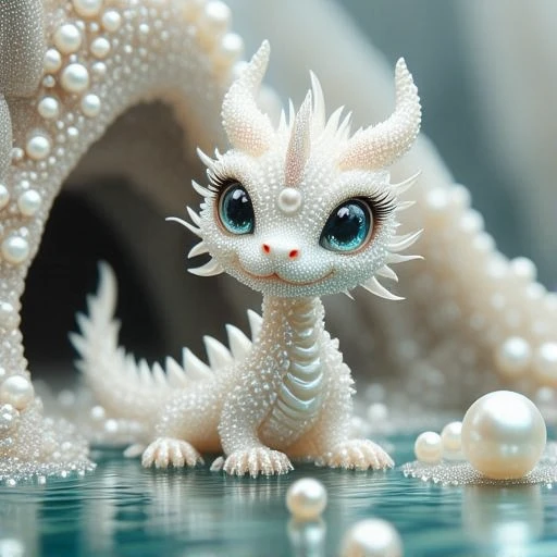 A small, adorable dragon made out of smooth pearls. It has big eyes, and is located in a cave made out of pearls, at the edge of a river..