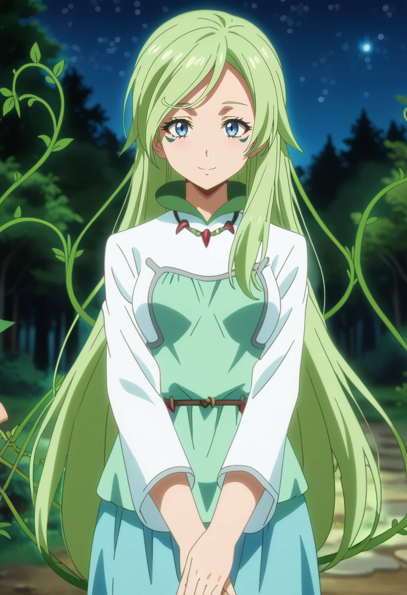 score_7_up, anime screencap,
<lora:TenSura_TreyniXL:0.9>, TreyniTS,
1girl, solo, closed mouth, light smile,
long hair, green hair, blue eyes, facial mark, vines,
multicolored dress, white dress, green dress, necklace, long sleeves, long skirt, blue skirt,
 own hands together, standing, looking at viewer, cowboy shot,
blurry background, outdoors, forest, night, starry sky