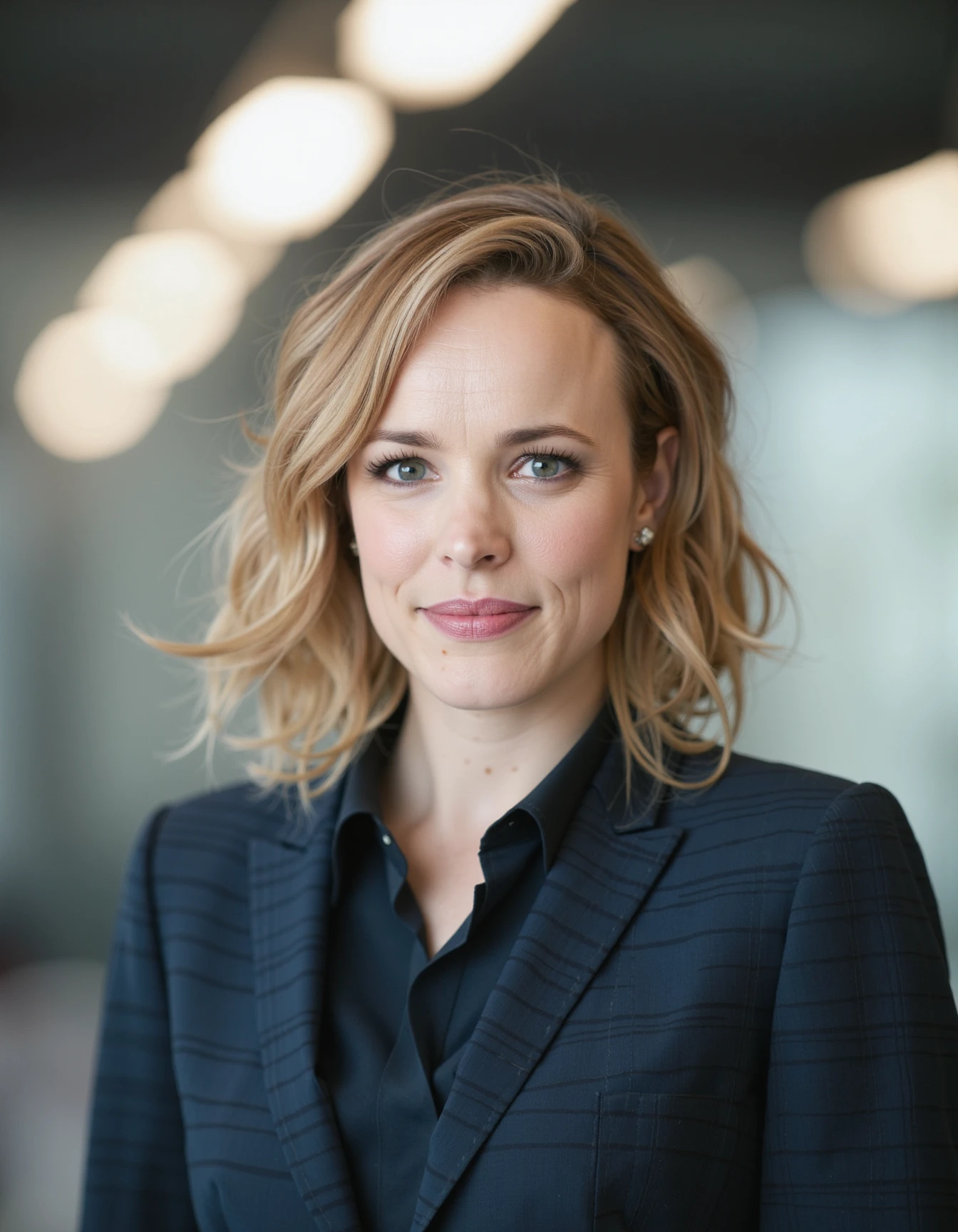 Mid-shot portrait of a woman rachel mcadams in an hi tech office with blazer and a shirt under   <lora:rachel_mcadams_flux_lora_v1_000002200:1>