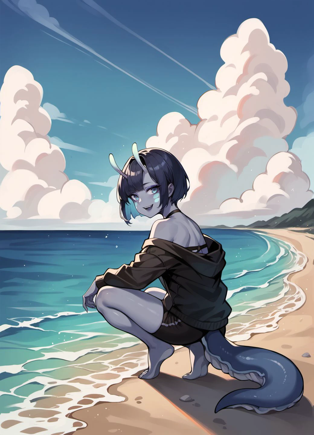 score_9, score_8_up, score_7_up, score_6_up,
moyo, antennae, facial mark, grey skin, 1girl, solo, looking at viewer, smile, short hair, bangs, long sleeves, jacket, outdoors, horns, sky, barefoot, cloud, water, off shoulder, makeup, ocean, beach, squatting, bob cut, eyeliner, tail,
<lora:moyo_race_v1-000007:0.9>,