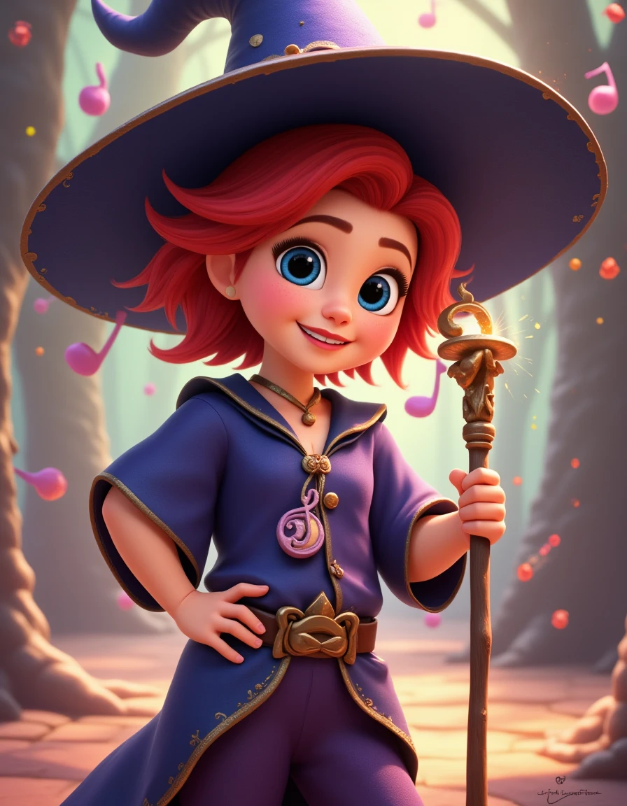 Cartoon cute ***********, musical note, tunic, magical staff, red hair, big hat, epic pose, light smile, bright pupils, particles around, splash art, pants, DisneyStudio, u can se her hips, magic around background, <lora:Disney-Studios-Flux-000008:0.6>