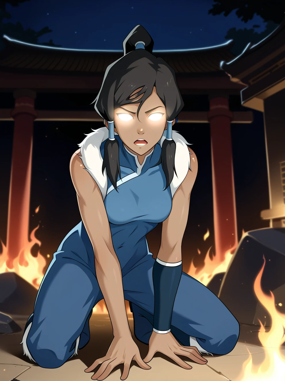 score_9, score_8_up, score_7_up, score_6_up, source_anime, expressiveh
1girl,   solo, choker, korra, dark-skinned female,  temple, east asian architecture, night,  short ponytail,  fire, rocks, open mouth, kneeling, expressionless, glowing eyes, korra outfit, blue pants, blue shirt, fur trim,boots   small breasts, hanging breasts,   <lora:Expressive_H:0.2>   <lora:avatar state:0.4> breath_weapon:1.5, energy_beam:1.9, breath from mouth <lora:breath_weapon:0.8>