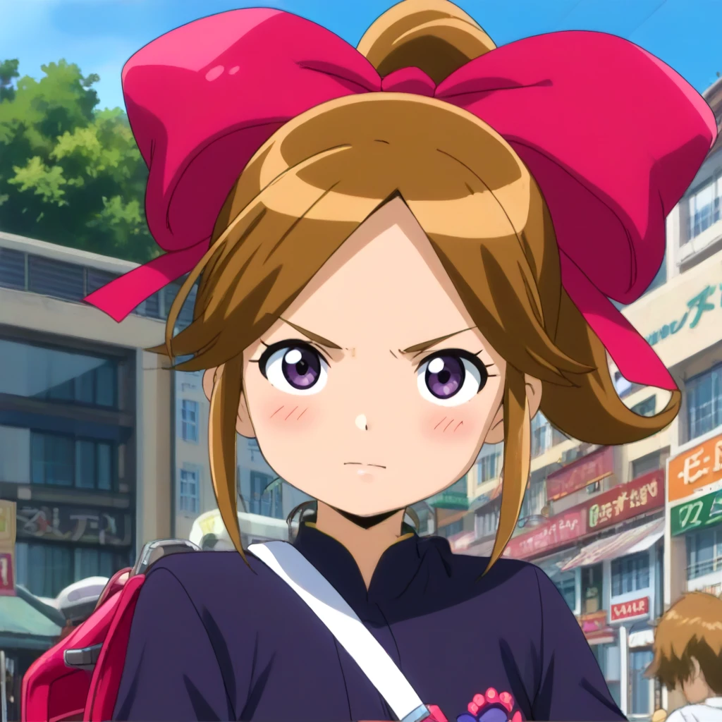 <lora:Hyper-SDXL-8steps-lora:1>,score_9,score_8_up,score_7_up,(source_anime:1.1),<lora:kimari:1>,1girl,brown hair,purple eyes,bow,ponytail,hair bow,(anime coloring:1.1),(anime screencap:1.1),