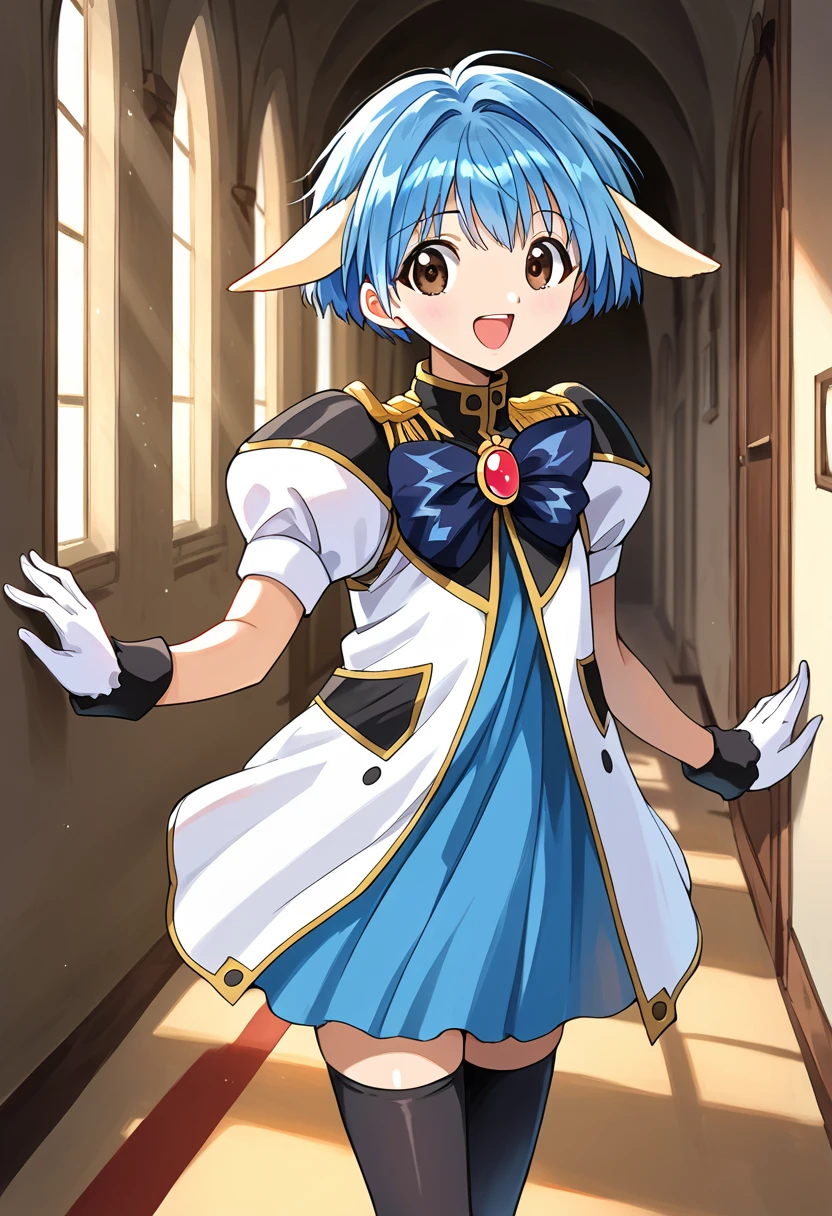 score_9, score_8_up, score_7_up, source_anime BREAK 1girl, solo, ga_mint, 140cm taller, military uniform, blue bowtie, brooch, white gloves, blue skirt, black thighhighs, blue hair, extra ears, short hair, bangs, brown eyes, looking at you, smile, open mouth, hallway, castle <lora:ga_mint:1>