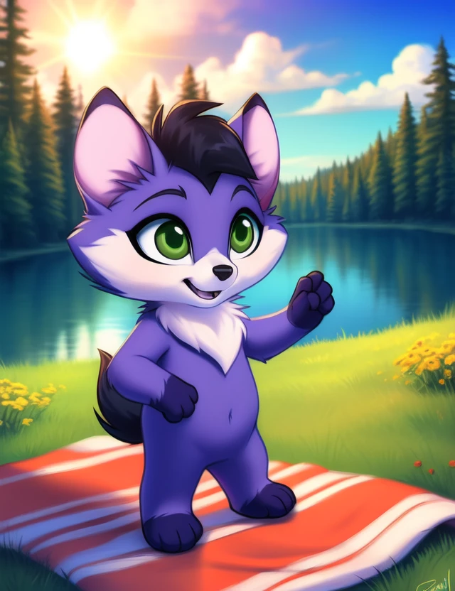 <lora:AmaruLoliRockYif:1> AmaruLoliRock, purple fur, green eyes, black tail,   chibi, (standing, waves his hand, raised his hand, )
[ the sun is shining, (glade,) forest, grass, stars, lake, day, , clouds, flowers, blanket, blue pillows, candles,] 
(beautiful, aesthetic, perfect, delicate, intricate, saturated colors), masterpiece, digital drawing, best quality,
[by personalami], by smitty g, [[[by Foxovh]]], [[by Ross Tran]]