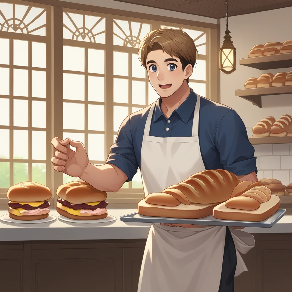 score_9, score_8_up, score_7_up, score_6_up, score_5_up, score_4_up, zPDXL2,source_anime,rating_questionable, 1boy, baker, white apron, looking at viewer, cowboy shot, <lora:Bakery:0.6> bak3ry, indoors, bread, baguette, sandwiches,  window,