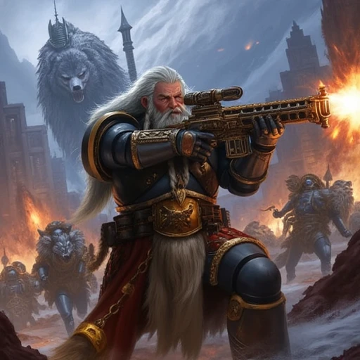 a space wolf marine aiming a bolt gun, with a wolf, white hair, beard, braids, dramatic action pose, battlefield, city, ruins, cathedral, explosions, fire