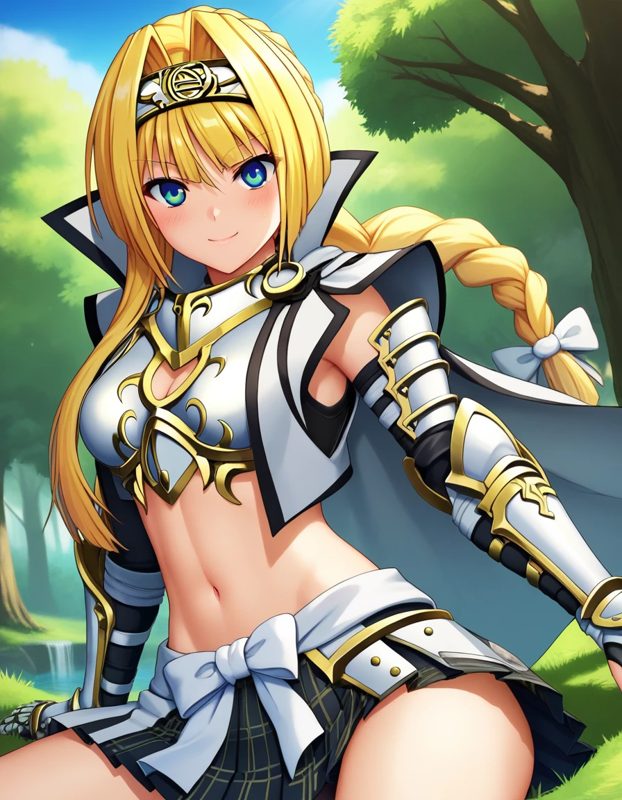 score_9, score_8_up, score_7_up, BREAK source_anime, best quality, masterpiece,very aesthetic, zPDXL2,official art,detailed_eyes,1girl, solo,
ashikaga_yoshiteru_(sengoku_otome), blonde hair, blue eyes, long hair, breasts, single braid, 
armor, midriff, black pleated skirt, skirt in plaid skirt,navel, hairband, cape, white bow,gauntlets, 
<lora:ashikaga_yoshiteru_(sengoku_otome)_pony_v1:1>
sitting, ( dynamic pose ),
closed mouth,blush,smile,  
looking at viewer,(cowboy shot,:1.3),
( outdoors, forest)