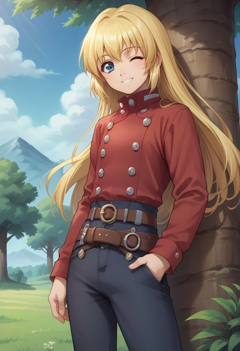 score_9, score_8_up, score_7_up, source_anime, highly detailed, 
colette, blonde hair, long hair, solo, 1girl, blue eyes, wink, 
pants, buttons, belt, shirt, red shirt, smile
outdoor, sky, tree