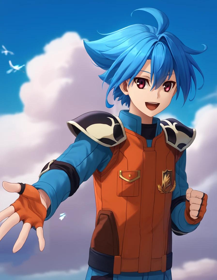 rating_safe, embedding:zPDXL2,  looking_at_viewer,1boy,tasuku ryuenji,floating hair,short hair,wind,(cloud:0.7),sky,open mouth,smile,(outstretched arm:1.2),(reaching towards viewer:1.2),fingerless gloves,shoulder armor,orange vest,elbow pads,portrait, (falling leaves:0.5),