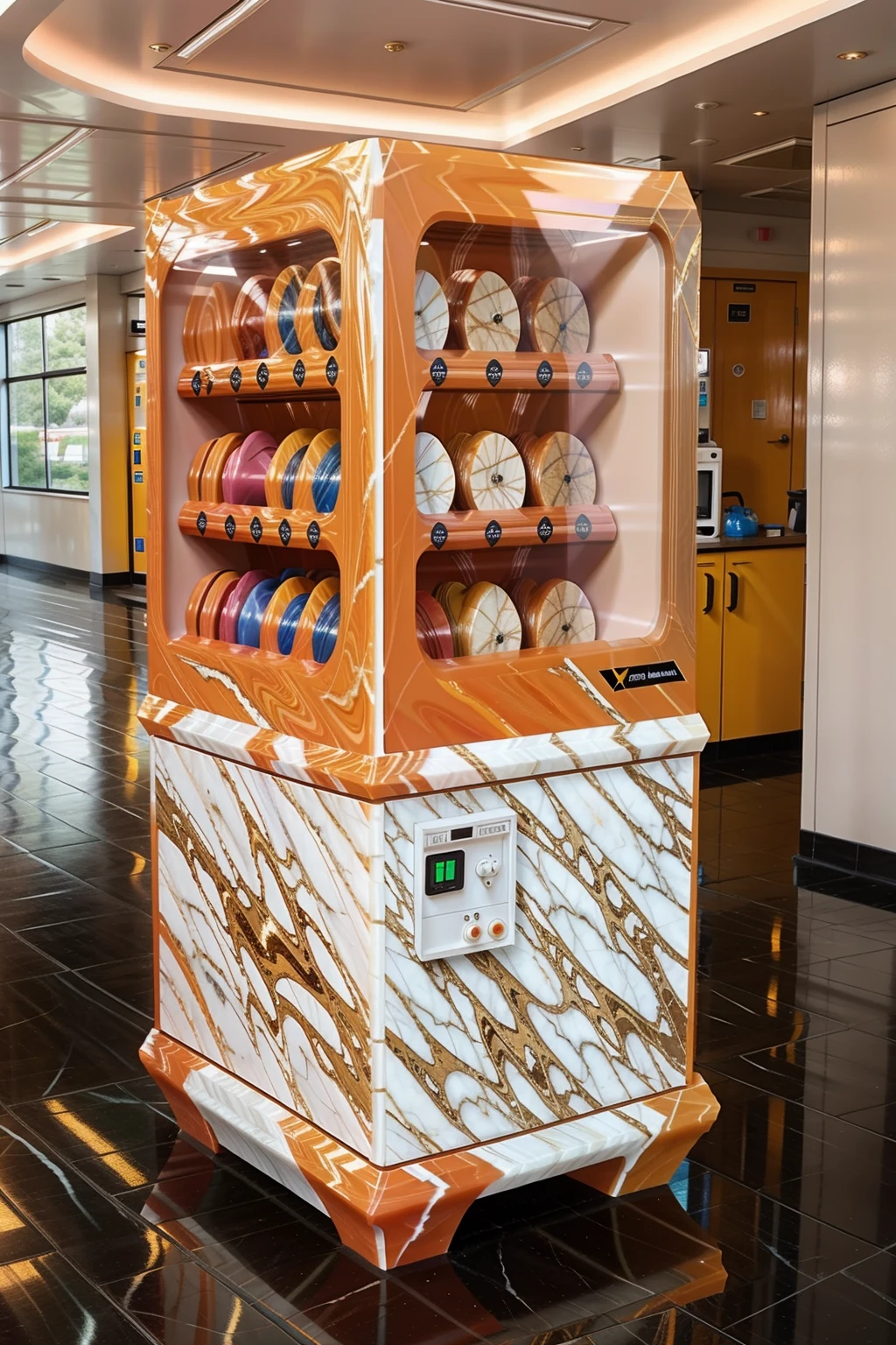 <lora:MarblePolyurethaneWorld:1> MarblePolyurethaneWorld vending machine in a school hallway