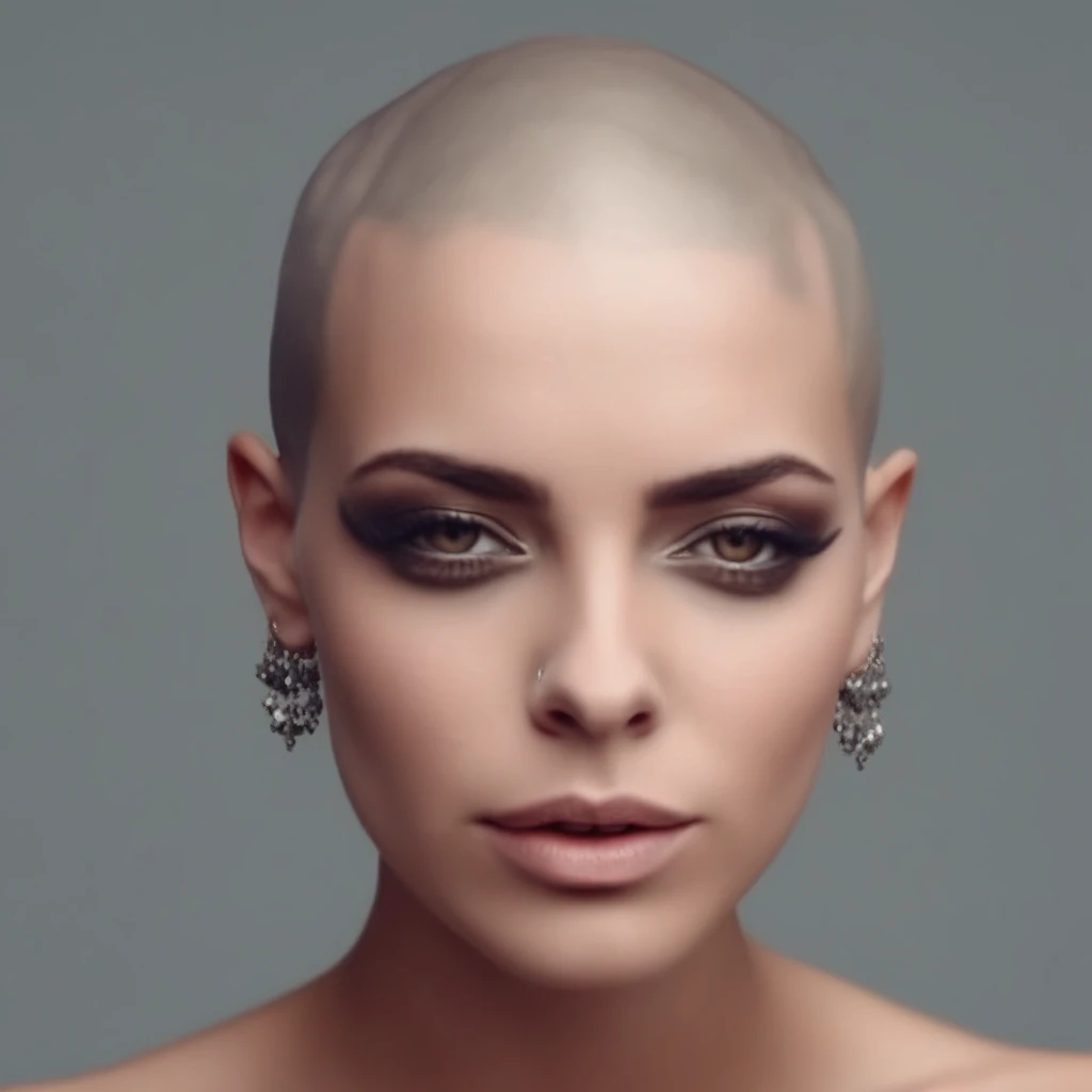 bald, bare shoulders, jewelry, grey background, closed mouth, makeup, grey eyes, short hair, 1girl, closed eyes, piercing, brown eyes, eyelashes