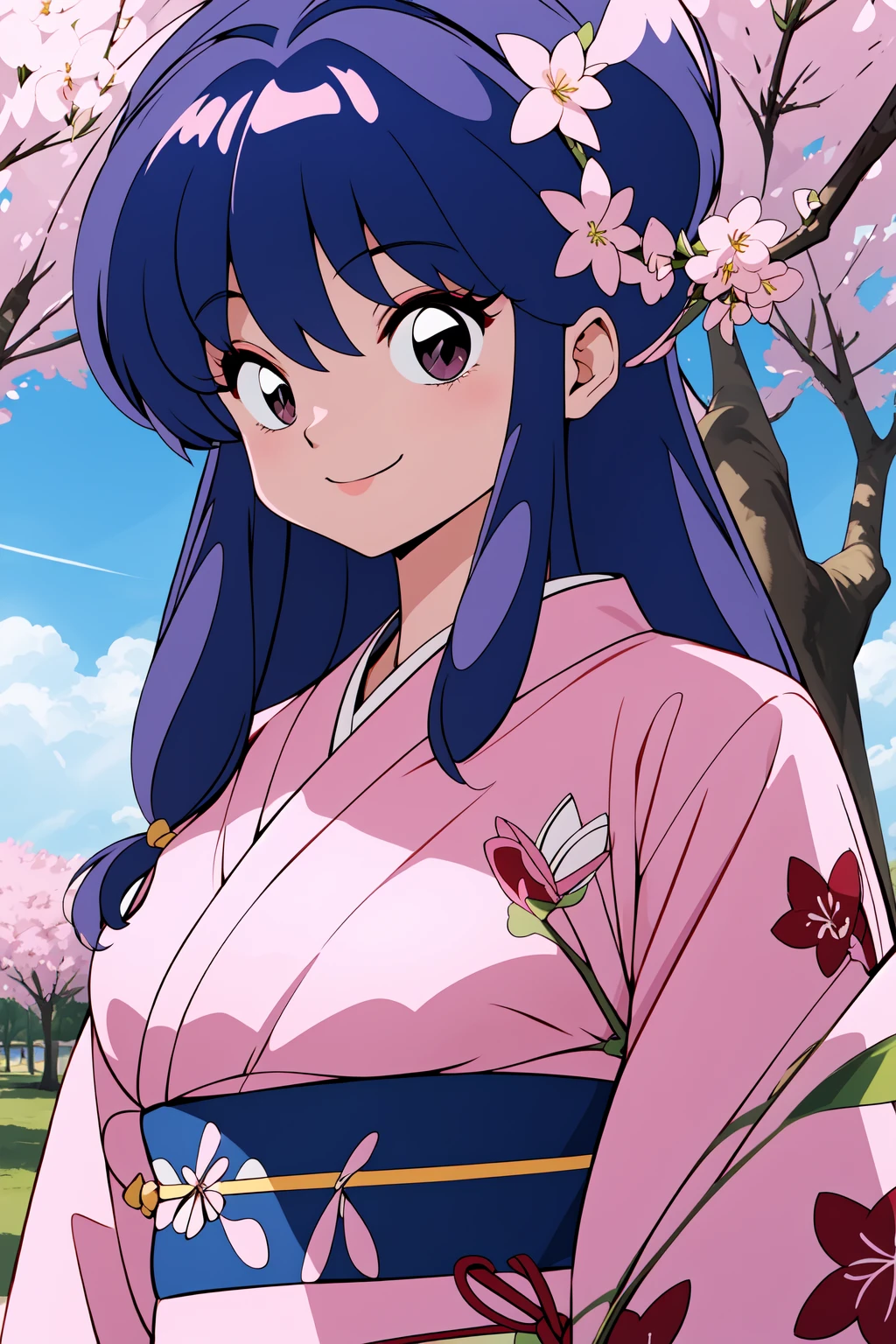 (RAW photo, best quality), 1girl,  natural lighting, smile, outdoor,
 <lora:ranma_shampoo_1_2:1> rm_shampu, upper body, kimono, cherry blossom,