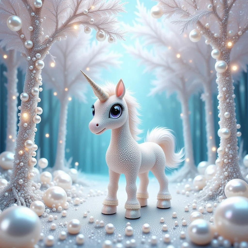 A cute unicorn made out of pearls, standing in a fantasy glittering forest, under pearlescent trees.